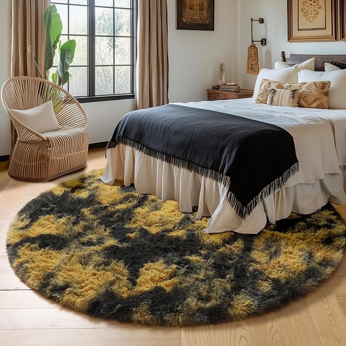 Amdrebio Black Gold Yellow Grey Round Circle Rugs 5Ft for Bedroom Living Room Decor, Fluffy Furry Area Rug for Kids Room Dorm Home Office, Modern Cool Leopard Cheetah Shag Carpet for Teen Boys Men