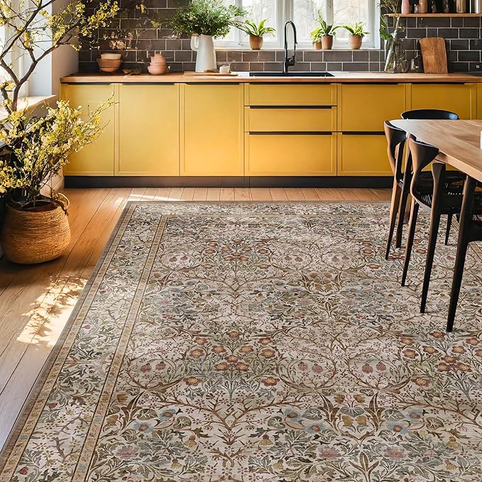 Washable 10x14 Living Room Rug - Moss Green Large Area Rug for Dining Room Under Table, Low Pile Non-Slip Floor Carpet for Bedroom Under Bed - Neutral Taupe Design & Stain Resistance