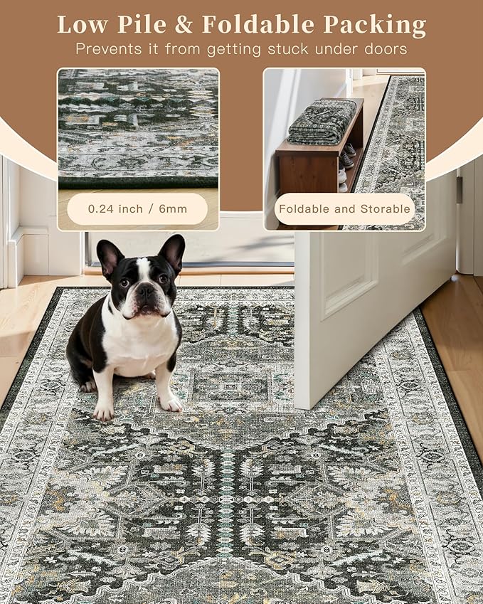 Madane Washable Runner Rug 2x8, Runners for Hallways Non-Slip Kitchen Runner Rugs Ultra-Thin Laundry Room Carpet Runner for Entrance Living Dinning Room Foyer, Grey Green/Black Olive