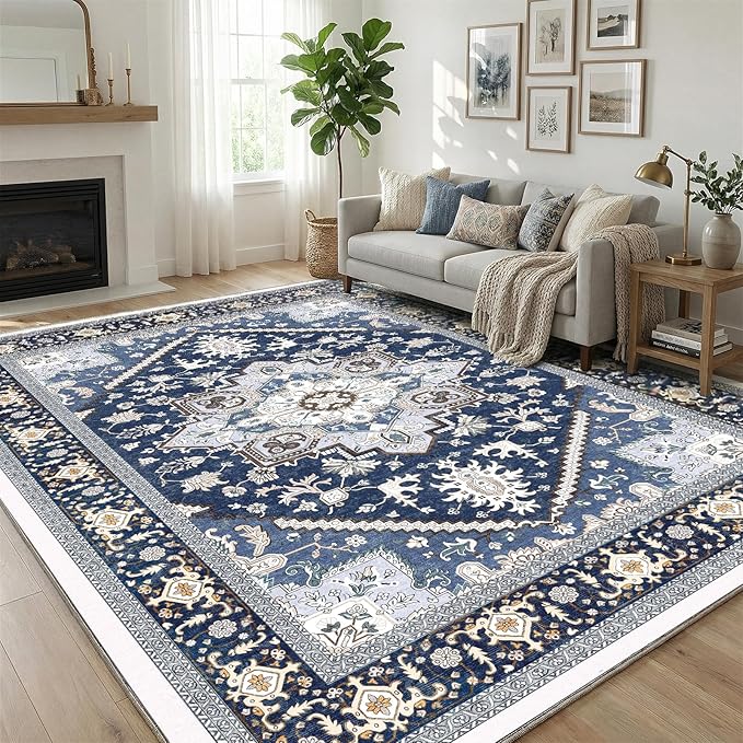 OPPODREAM Soft Area Rugs 9x12 Living Room, Washable Rugs 9x12 with Non Slip Backing, Faux Cashmere Low-Pile 9 x 12 Carpet, Navy Blue & Gold