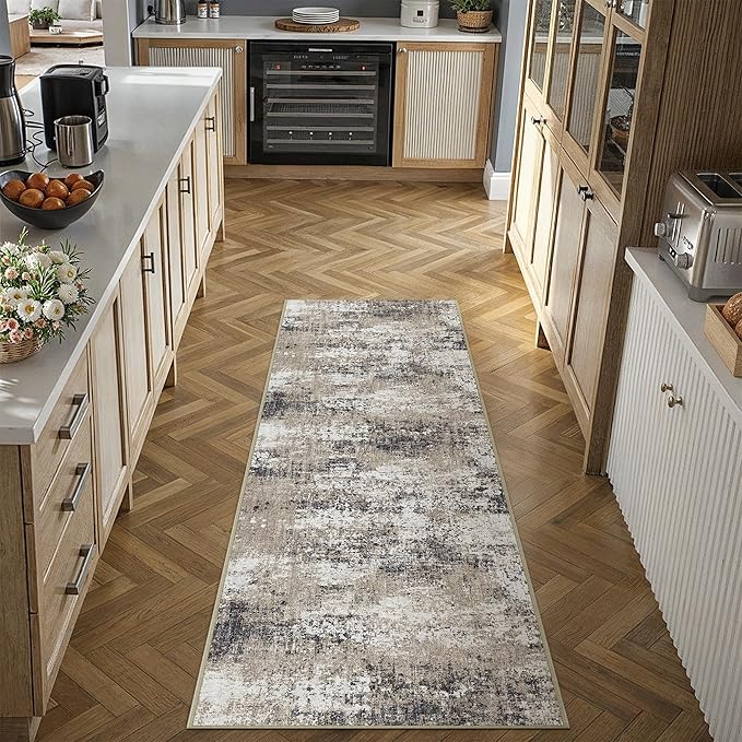 2x6 Abstract Runner Rug Brown Washable Modern Hallway Carpet Non Slip Ultra Soft Neutral Low Pile Contemporary Long Rug for Bathroom Laundry Kitchen Bedroom