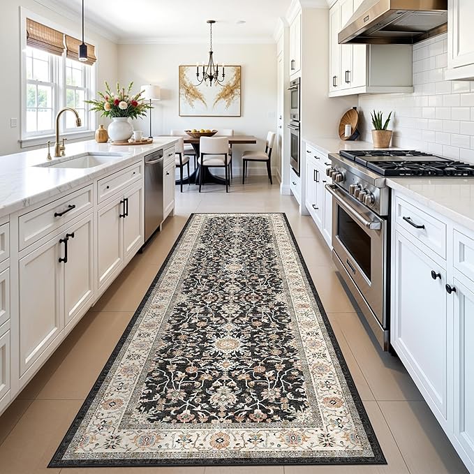 Washable 3x10 Hallway Runner Rug: Black Vintage Rug Runner Ultra Soft Low Pile Stain Resistant Carpet for Kitchen Living Room Bedroom Entryway Durable Thin Indoor Floor Mat (Black, 3x10)