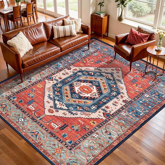 SERISSA 5x8 Area Rugs for Living Room, Large Washable Non-Slip Boho Rug, Ultra Soft Vintage Rust Oriental Tribal Print Distressed Carpet for Bedroom Dining Room Dorm Office Home Decor