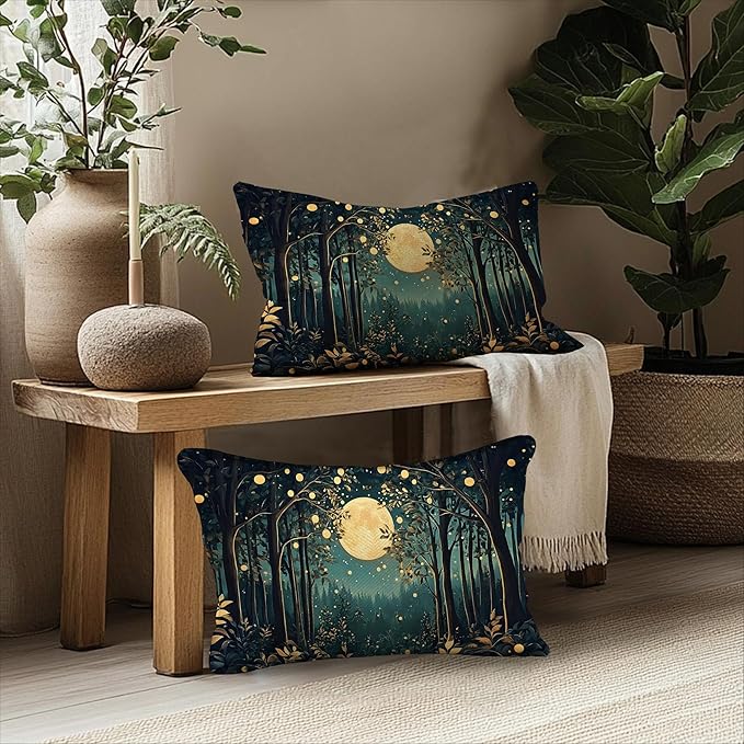 Rustic William Morris Inspired Night Moon Forest Decor Pillow Covers 18x18 Set of 2,Vintage Black and Gold Nature Landscape Botanical Decorative Throw Pillow Covers for Home Bedroom Living Room