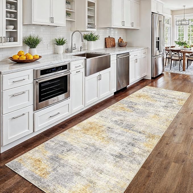 2x8 Washable Kitchen Runner Rug: Modern Abstract Runners for Hallway Soft Non Slip Rugs with Rubber Backing Low Pile Thin Waterproof Floor Carpet for Entryway Bedroom Bathroom Indoor 2x8 Grey/Yellow