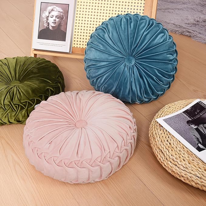 HIG Set of 2 Pink Ruched Velvet Round Throw Pillows – 14.5’’ Decorative Pillows with Soft Polyester Filling for Couch, Bed, Living Room, Bedroom, or Dorm – Handmade, Stress Relieving, All-Season