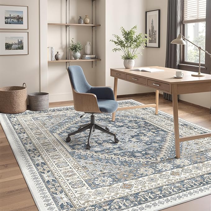 Area Rugs 5x7, Ultra-Thin Washable Rugs for Living Room, Anti-Slip Backing Area Rug for Bedroom, Soft Floral Vintage Home Decor Rug for Dining Room(Blue/Beige,5'x7')