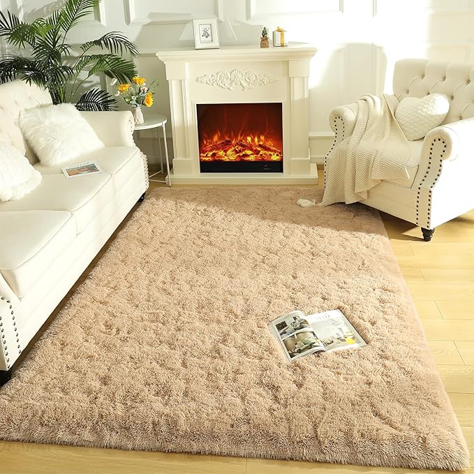 LOCHAS Ultra Soft Indoor Modern Area Rugs Fluffy Living Room Carpets for Children Bedroom Home Decor Nursery Rug Girls 6x9 Feet, Light Tan
