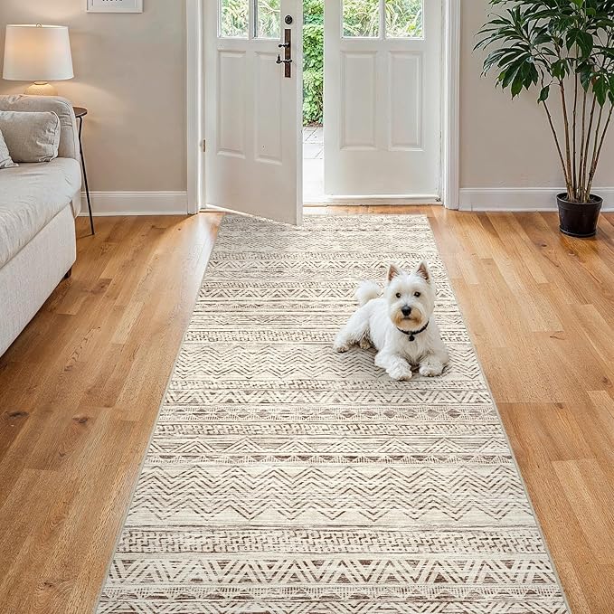 4x8 Washable Hallway Runner Rug：Moroccan Non-Slip Wide Runners for Entryway Kitchen Soft Modern Geometric Low-Pile Rugs for Living Room Thin Waterproof Carpet for Bedroom Bathroom Laundry(Beige,4x8)