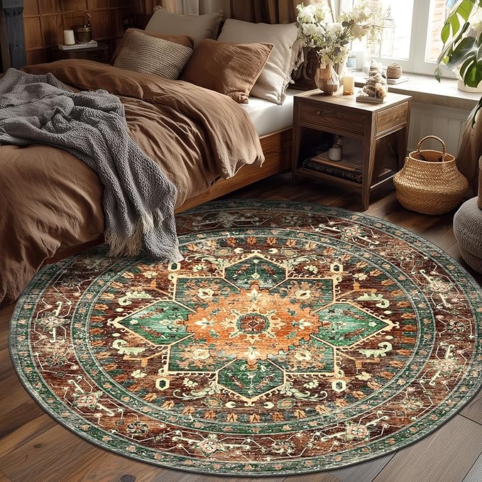 Yamaziot 6FT Round Washable Area Rug, Non-Slip Boho Circle Rugs with Rubber Backing, Low Pile Faux Wool Soft Distressed Floor Carpet for Nursery Living Room Home Office