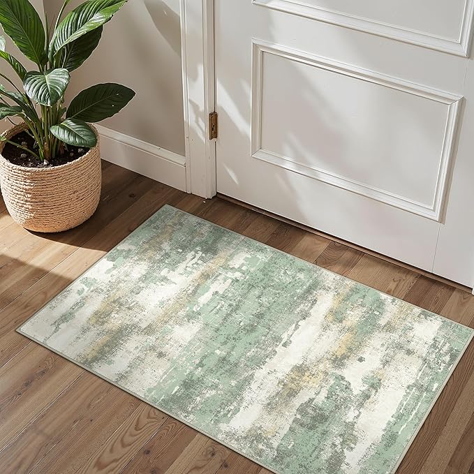 BEIMO 1'5''x2'5'' Rugs for Entryway Entrance Kitchen Bathroom, Machine Washable Modern Abstract Rug, Small Soft Low Pile Indoor Floor Mat with Non Slip Backing, Light Green