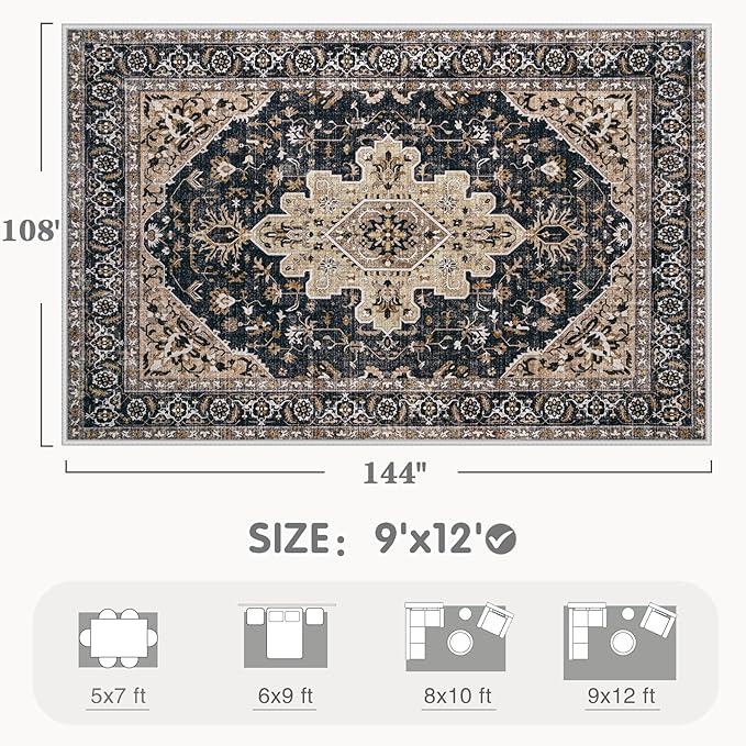 Area Rugs 9x12 Vintage Rug: Large Washable Living Room Rug Retro Medallion Distressed Soft Low Pile Non-Slip Indoor Floor Carpet for Bedroom Dining Table Office (BeigeBlack,9'x12')