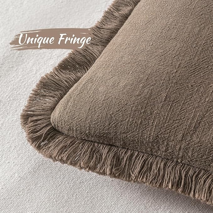 MIULEE Decorative Throw Pillow Covers Neutral Linen Fringe Throw Pillows Set of 2 Cocoa Brown Boho Farmhouse Cushion Covers for Couch Sofa Bed Living Room Spring Home Decor 18x18 Inch