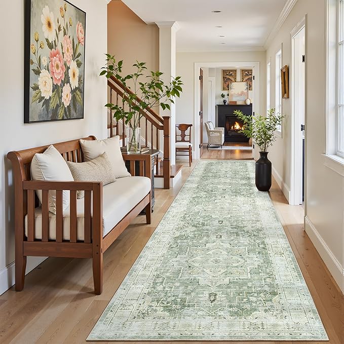 Madane Runner Rugs for Hallway 2x10 Long Washable Non-Slip Hallway Runner Rug Low-Pile Stair Kitchen Runner Soft Throw Carpet for Entrance Living Dining Laundry Room (Green/Ivory, 2 x 10)