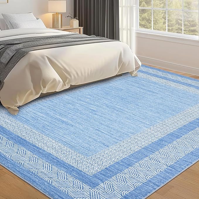 GarveeHome Modern Geometric Area Rug 5x7 Distressed Bordered Washable Non Slip Floor Carpet Non Shedding Thin Rug, Soft Low Pile Contemporary Light Blue Carpet for Dining Room, Living Room