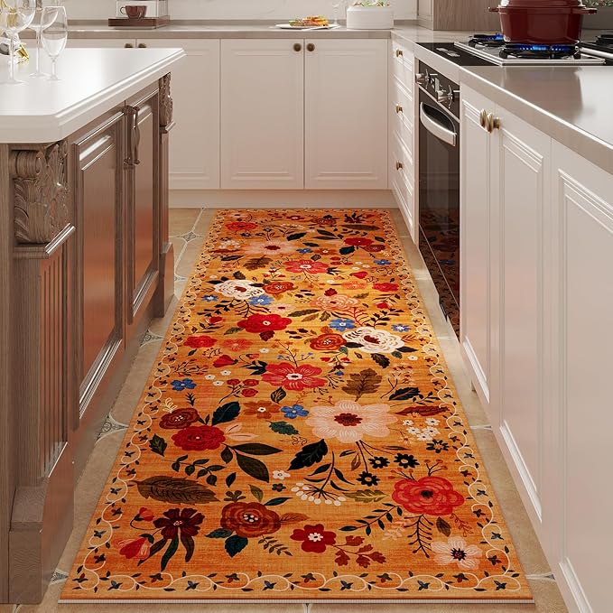 Rugcomf Runner Rug for Hallways Kitchen Rug Non Slip 2'6''x8' Washable Runner Rugs with Rubber Backing Soft Floral Carpet Runner for Hallways, Kitchen, Laundry, Bedroom, Bathroom(Yellow)