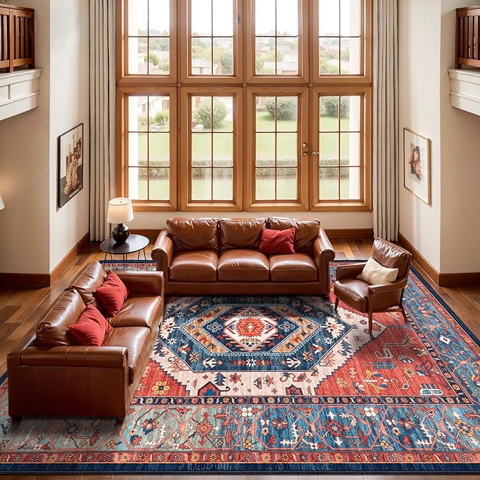 SERISSA 10x14 Area Rugs for Living Room, Large Washable Non-Slip Boho Rug, Ultra Soft Vintage Rust Oriental Tribal Print Distressed Carpet for Dining Room Bedroom Office Home Decor