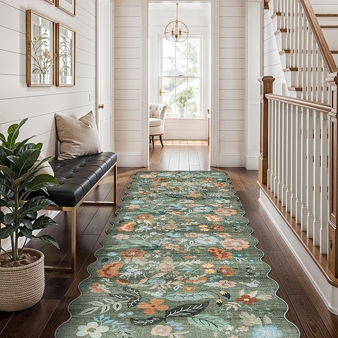 Washable 2x8 Hallway Runner Rug: Water-Resistant Kitchen Rug Soft Bedroom Carpet Non-Slip Indoor Hardwood Floor Mat for Entryway Bathroom Dining Room Boho Decorative Home Decor(2x8, Floral/Green)