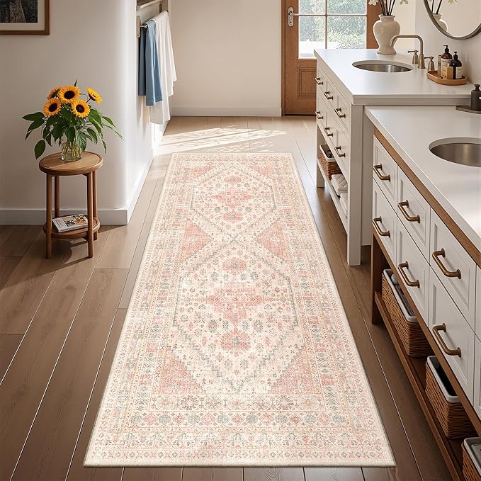 Runner Rug 2x6, Non Slip Washable Rugs for Laundry Room, Runners for Hallways, Low Pile Vintage Soft Rugs for Living Room, Kitchen Bathroom,Bedroom Rug(Pink,2'x6')