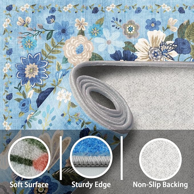 Washable Area Rug 8x10, Large Soft Rugs for Living Room Floral Blue Carpet 8x10 Area Rugs for Bedroom Dining Room Non-Slip Stain Resistant Under Table Rug (8 x 10, Blue Garden)