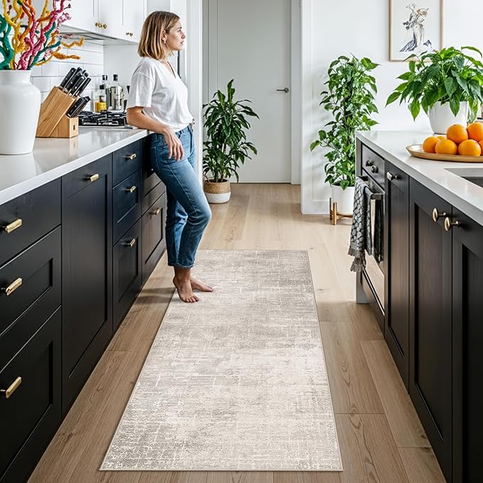 Washable 2x6 Thin Runner Rug: Abstract Soft Entryway Doormat Water-Resistan Hallway Bathroom Kitchen Carpet with Non-Slip Backing Modern Living Room Bedroom Decorative Carpet（2x6,Beige/Cream）