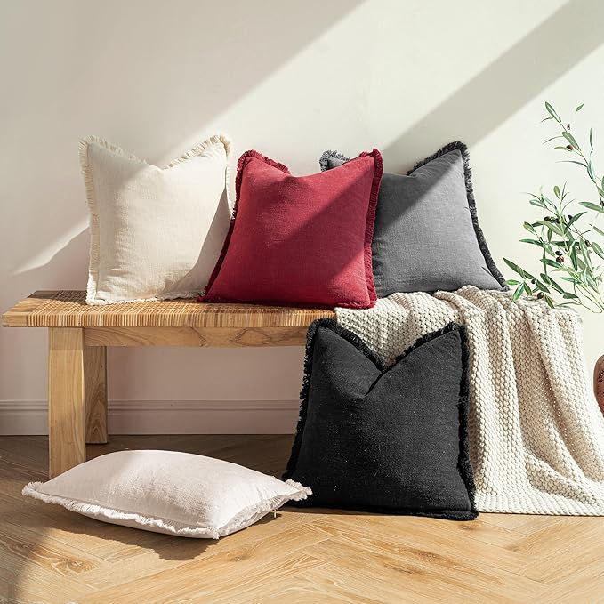 MIULEE Decorative Throw Pillow Covers Neutral Linen Fringe Throw Pillows Euro Shams Set of 2 Burgundy Boho Farmhouse Cushion Covers for Couch Sofa Bed Living Room Home Decor 22x22 Inch