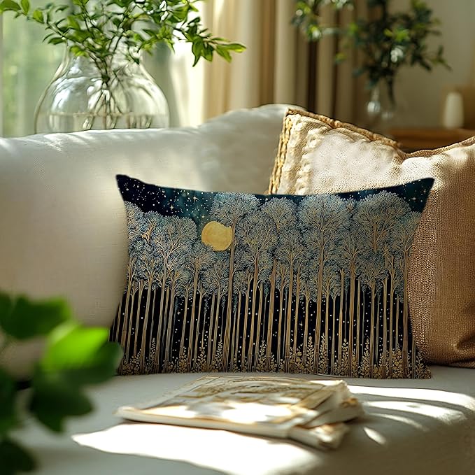 Rustic William Morris Inspired Forest Green Moon Pillow Covers 12x20 Double-Sided,Vintage Night Moon Botanical Nature Landscape Decorative Throw Pillow Covers for Home Bedroom Living Room
