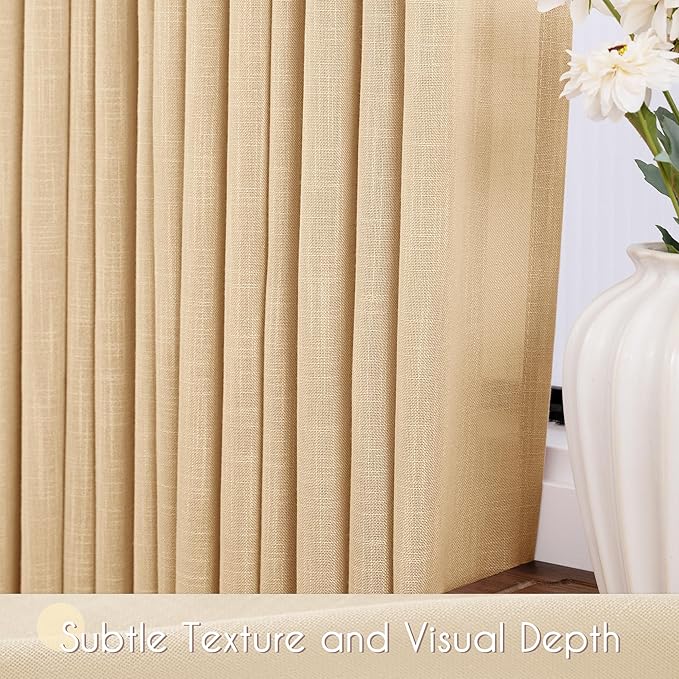 Tan Linen Curtains 72 inches Long for Living Room Back Tab Rustic Farmhouse Semi Sheer Light Filtering Window Curtain Dining Room Soft Thick Flax Linen Textured Drapes Kahki 52x72