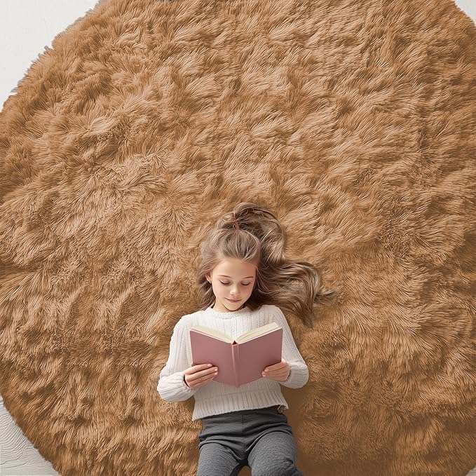 OLANLY Khaki Round Rugs for Bedroom - Machine Washable, 8 ft Circle Area Rugs for Living Room, Soft and Fluffy Shaggy Carpet for Teen Girl and Boys, Nursery Rooms, Dorms, Home Decor Aesthetic