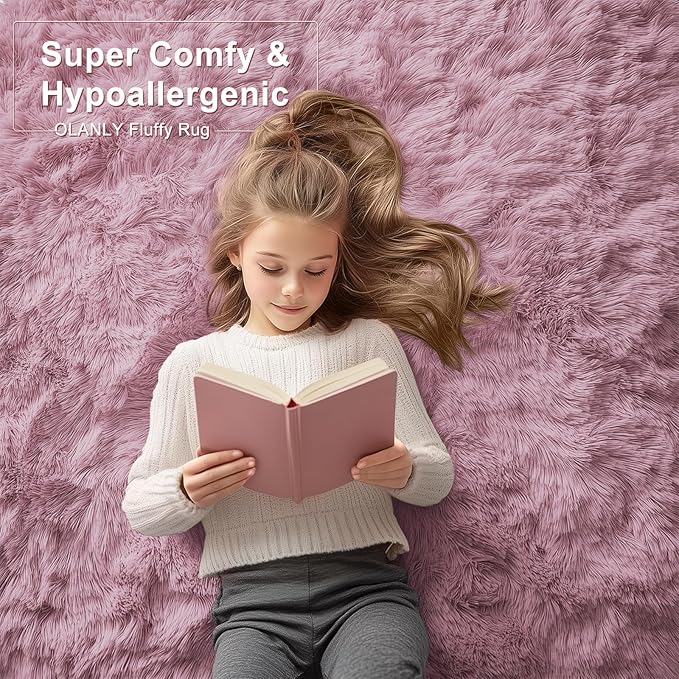 OLANLY 5x7 Machine Washable Large Area Rugs for Living Room, Bedroom, Soft Fluffy Shaggy Bedside Rug, Indoor Floor Carpet for Kids Girls and Boys, Dorms, Nursery, Home Decor Aesthetic, Blush