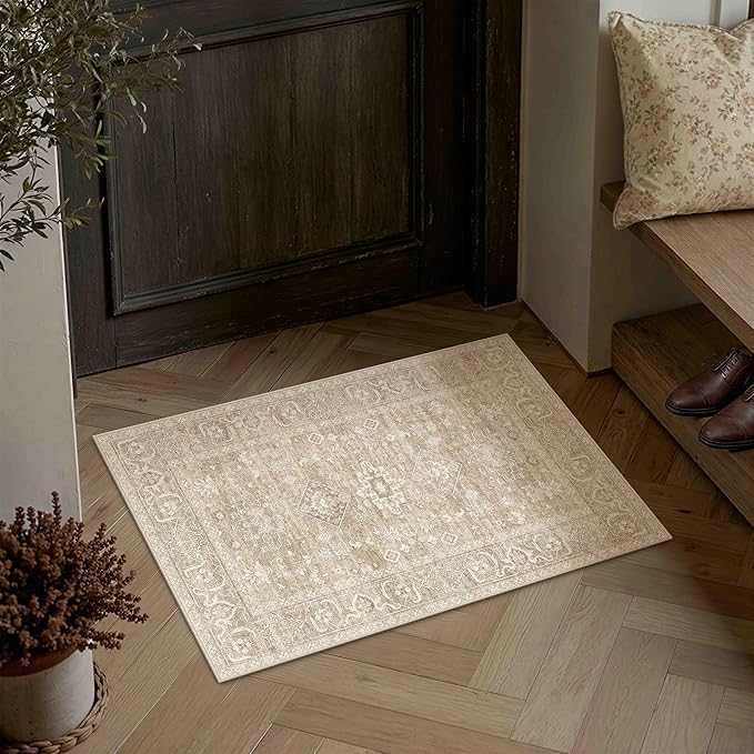 2x3 Washable Area Rug for Entryway Kitchen Vintage Beige Non Slip Low Pile Door Mat Traditional Retro Soft Small Carpet for Bathroom Bedroom Indoor Entrance Dorm