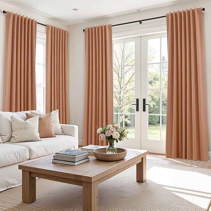 Guken 100% Blackout Curtains 120 Inch Length 2 Panels Set for Living Room Bedroom Back Tab Thermal Insulated Black Out Linen Drapes Room Darkening Peach Quartz,52x120