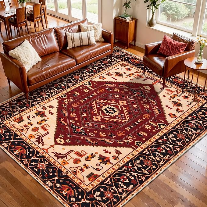 SERISSA 5x7 Boho Area Rug, Washable Non-Slip Rugs for Living Room, Large Red Black Rug Ultra Soft Vintage Oriental Print Distressed Carpet for Bedroom Dining Room Dorm Office Home Decor