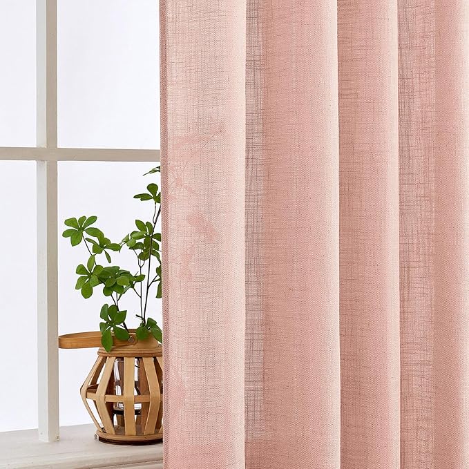 MIULEE Blush Pink Linen Curtains 90 Inch Long 2 Panels for Girls Bedroom Nursery, Soft Thick Linen Textured Window Drapes Semi Sheer Light Filtering Back Tab for Kids Living Room Light Pink Decor
