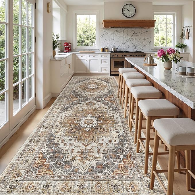 Madane 4x10 Wide Hallway Runner Rug: Washable Soft Rug Runners for Living Room Bedroom, Stain Resistant Low Pile Area Rugs Thin Non Slip Floor Carpet for Ktichen Dining Room (Turmeric/Grey,4x10)