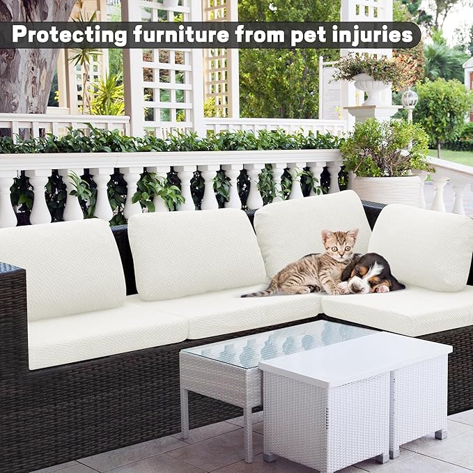 8Pcs Outdoor Cushion Covers,Patio Cushion Covers,Stretch Elastic Slipcovers,Replacement Washable Furniture Protector for Patio Couch,Jacquard Textured Twill Fabric(White,Cover Only)