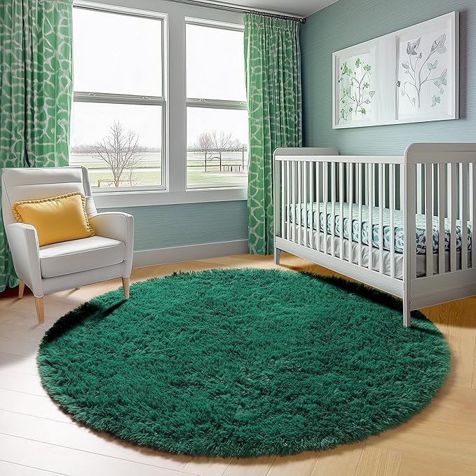 ONASAR Dark Green Round Area Rugs 6ft, Ultra Soft Bedroom Circle Rug for Kids Girls Teen Room, Furry Plush Shaggy Carpet Floor Mat for Baby Nursery Living Room Playroom Dorm Home Decor
