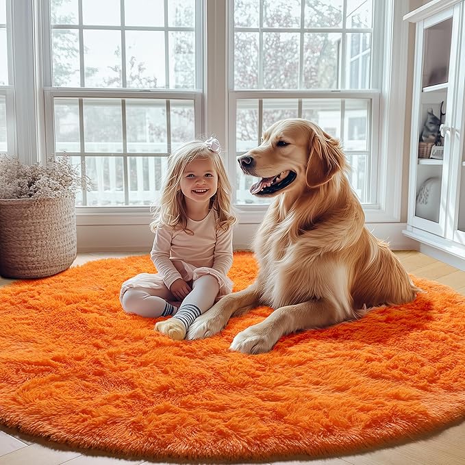 ONASAR Orange Round Area Rugs 4ft for Bedroom Living Room, Fluffy Circle Rug for Kids Girls Boys Teen, Soft Plush Shaggy Carpet for Nursery Dorm Classroom Playroom Home Decor Aesthetic