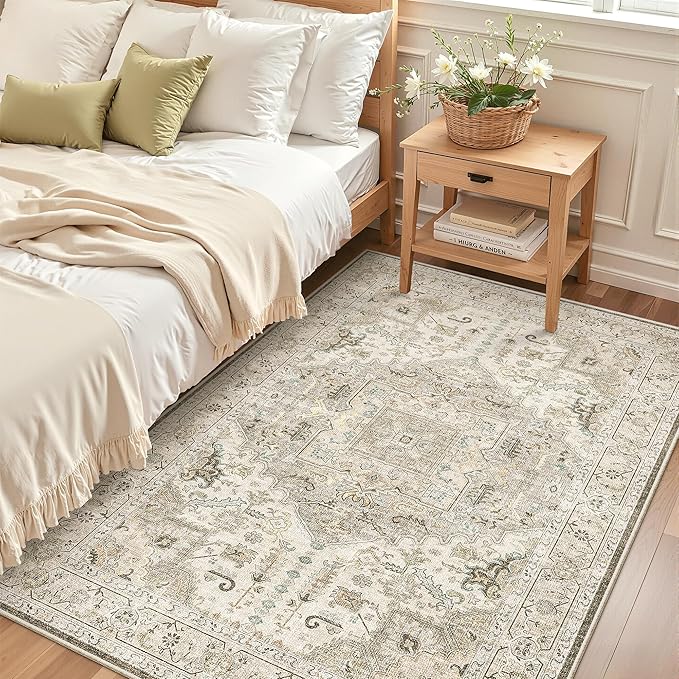 Madane Area Rug 3x5, Entryway Washable Printed Vintage Kitchen Carpet Non Slip Indoor Doormat for Living Room Laundry Room Bedroom Nursery Soft Thin Entry Floor Mat, Ivory/Brown