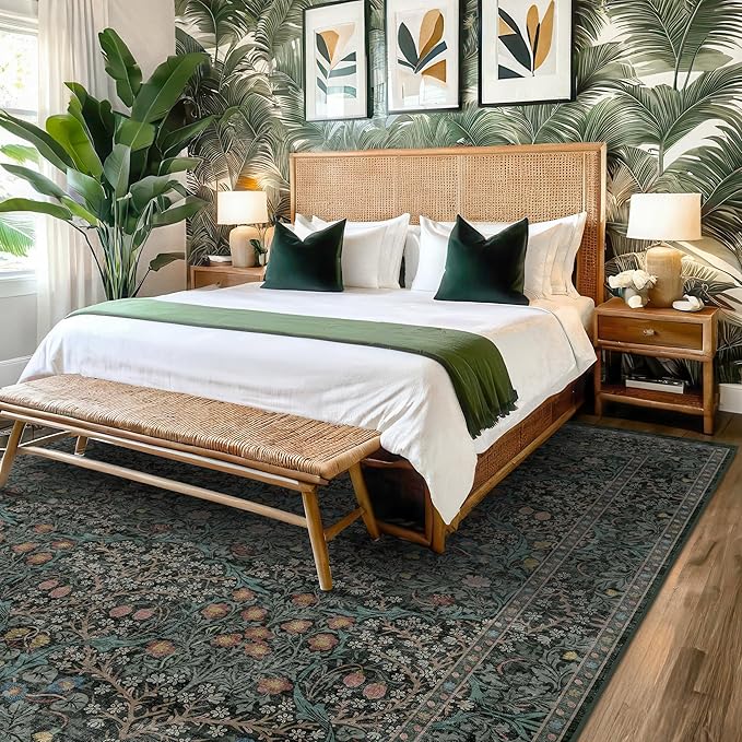 Dining Room Rugs for Under Table - 6x9 Washable Dark Green Oriental Area Rug for Living Room, Low Pile Non-Slip Floor Carpet for Bedroom - Vintage Design & Stain Resistance (6x9 Dark Green)