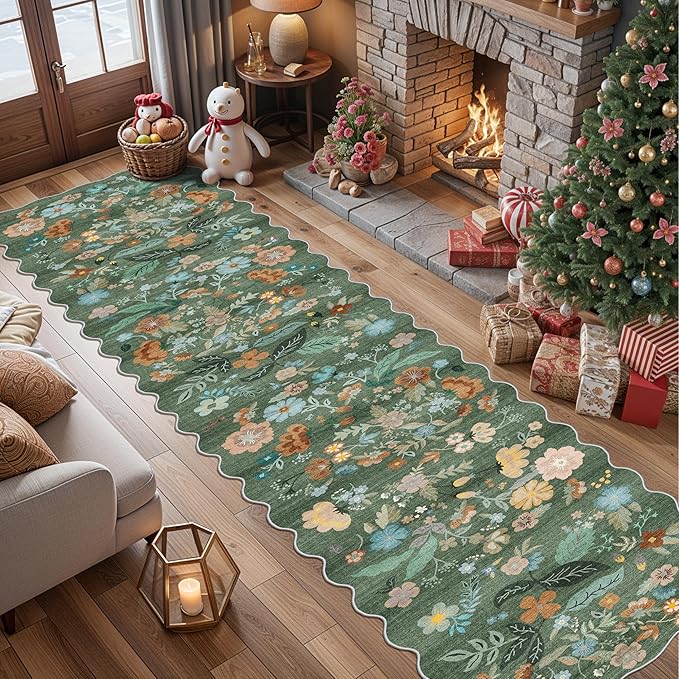 Washable 2'6x12 Hallway Runner Rug: Soft Entryway Kitchen Floral Runners Non Slip Water Resistant Nursery Bathroom Floor Mat Light Weight Carpet for Living Room Bedroom (2'6x12 Floral/Green)