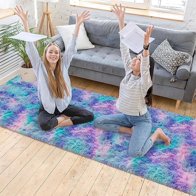 Super Soft Fluffy Living Room Area Rug 2x10 ft Purple Rainbow Tie-Dyed Shaggy Furry Carpet Washable Non-Slip Carpets Bedroom Bedside Nursery Rug Cute Colorful Room Decor for Girls