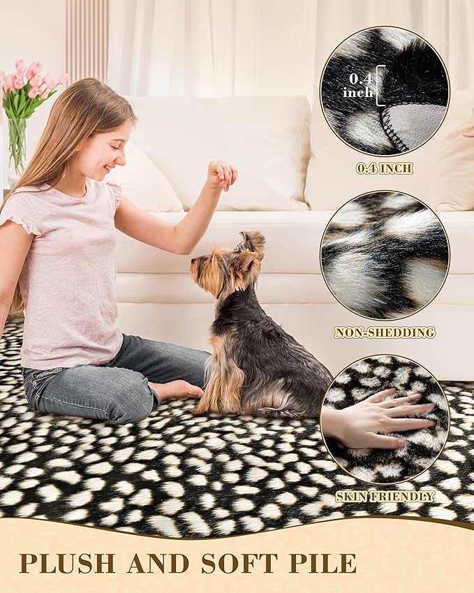 Leopard Print Rug for Living Room, Cheetah Rug 6.2x8.2 Faux Animal Print Skin Cheetah Area Rug for Bedroom Nursery Animal Fur Hide Irregular Shaped Rustic Antelope Black