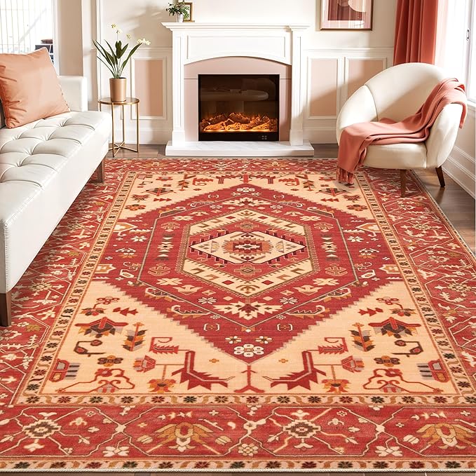 SERISSA Washable Rugs 8x10 Area Rugs, Large Non-Slip Boho Living Room Rug, Ultra Soft Oriental Vintage Red Print Distressed Carpet for Dining Room Bedroom Dorm Office Home Decor