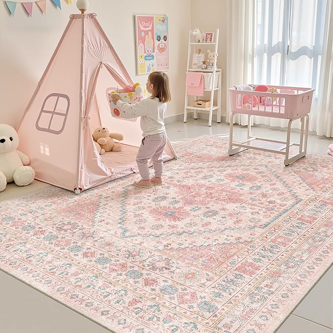 zesthome Pink Rug - 5x7 Area Rugs for Bedroom, Stain Resistant Washable Rugs for Nursery Room, Living Room, Home Decor, Girls Rug (Pink/Blue,5'x7')