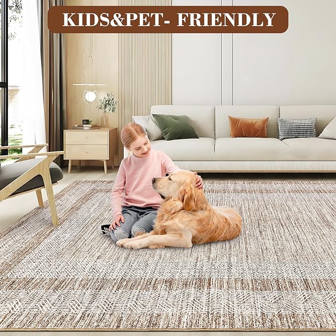 GarveeHome 10x13 Large Washable Geometric Area Rug Non Slip Non Shedding Floor Carpet, Modern Bordered Distressed Brown Indoor Printed Rug for Living Room, Bedroom, Office