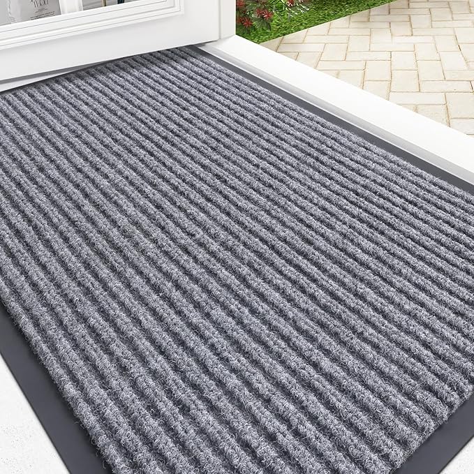 OLANLY Front Door Mat Indoor Outdoor Entrance, Waterproof Heavy Duty Doormat, Fade Resistant, Low Profile, Easy Clean Patio Porch Welcome Floor Mats for Entry, 35x23, Light Gray