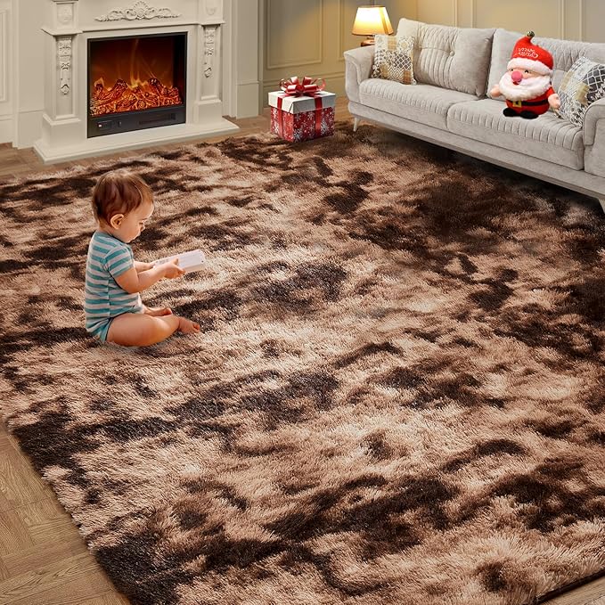 KNZE 8' x 10' Brown Modern Shag Area Rug, Luxuriously Plush, High Pile, Fluffy, Washable, Non Slip, Fade Resistant, Rectangular, Indoor, Bedroom, Living Room, Playroom, Dorm Room