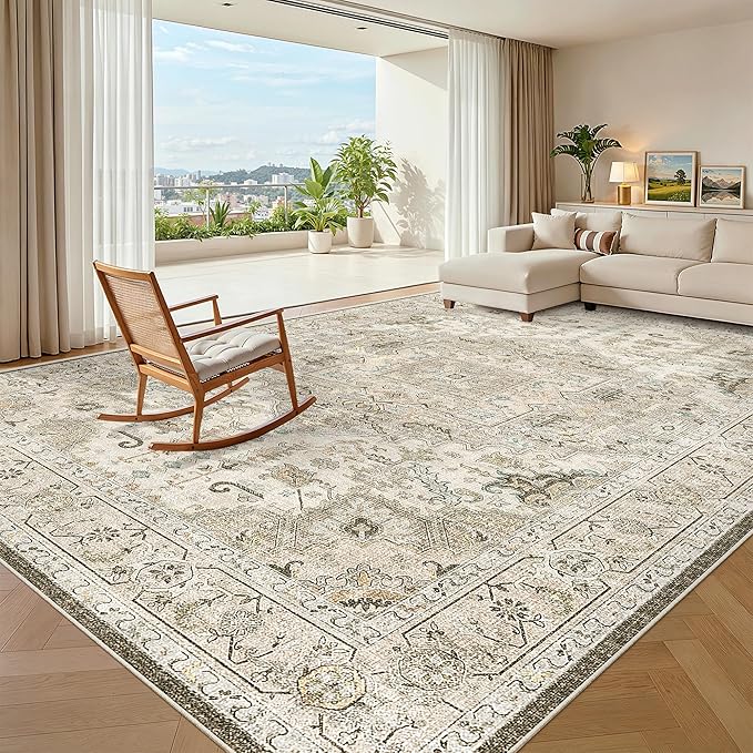 Madane Washable Rug 8x10 Area Rugs for Living Room, Ultra-Thin Non-Slip Backing Rug, Stain Resistant Vintage Large Area Rug for Bedroom (Ivory/Brown, 8'x10')