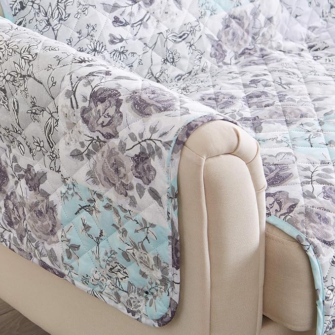 Great Bay Home Reversible Floral Patchwork Recliner Furniture Protector - Machine Washable, Scalloped Edge, Stain Resistant, Printed Furniture Cover for Dogs, Kids, and Pets (Gray/Aqua)